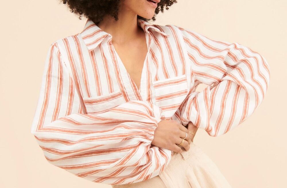 Sancia Ellie Shirt Medium Jeane Stripe Linen Balloon Sleeve Blouse